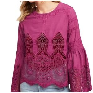 ANTHROPOLOGIE Chloe Oliver Fuscia Lace Cut Out Top Bell Sleeve Boho Blouse SMALL